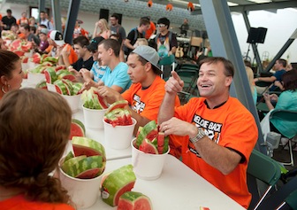 Pocatello Mayor Brian Blad, bottom right, was among participants in a previous WBOB watermelon-eating contest.