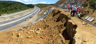 Students from the University of Concepción examine slope failures associated with recent highway construction.  Dr. Crosby led field trips to landslides triggered by both human activities and natural causes.