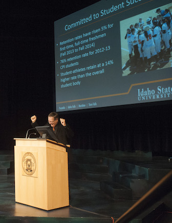 President Vailas on stage at the Bistline Theatre.