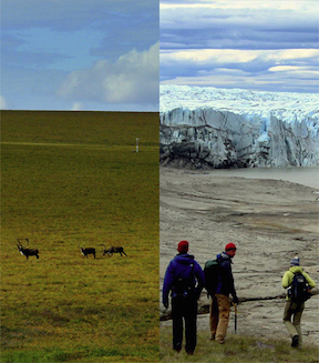 Side by side comparison of an Alaskan tundra landscape and the Greenland Ice Sheet.  2.7-million-year-old soils discovered beneath the center of the ice sheet are similar to those found in Alaska today. Images by: B. Crosby (left) and P. Bierman (right).