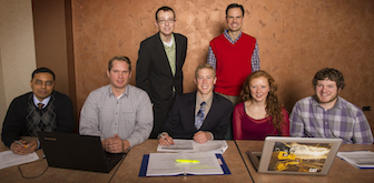 ISU business All Star team. Front row from left: Anil Mandal,   Joe Dobbins, Connor Pate, Andrea Vicic, Derek Schwabedissen. Back row from   left: D. J. Mills, Dr. Alex Bolinger, advisor.