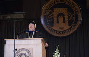 ISU President Arthur C. Vailas speaking at 2015 commencement.