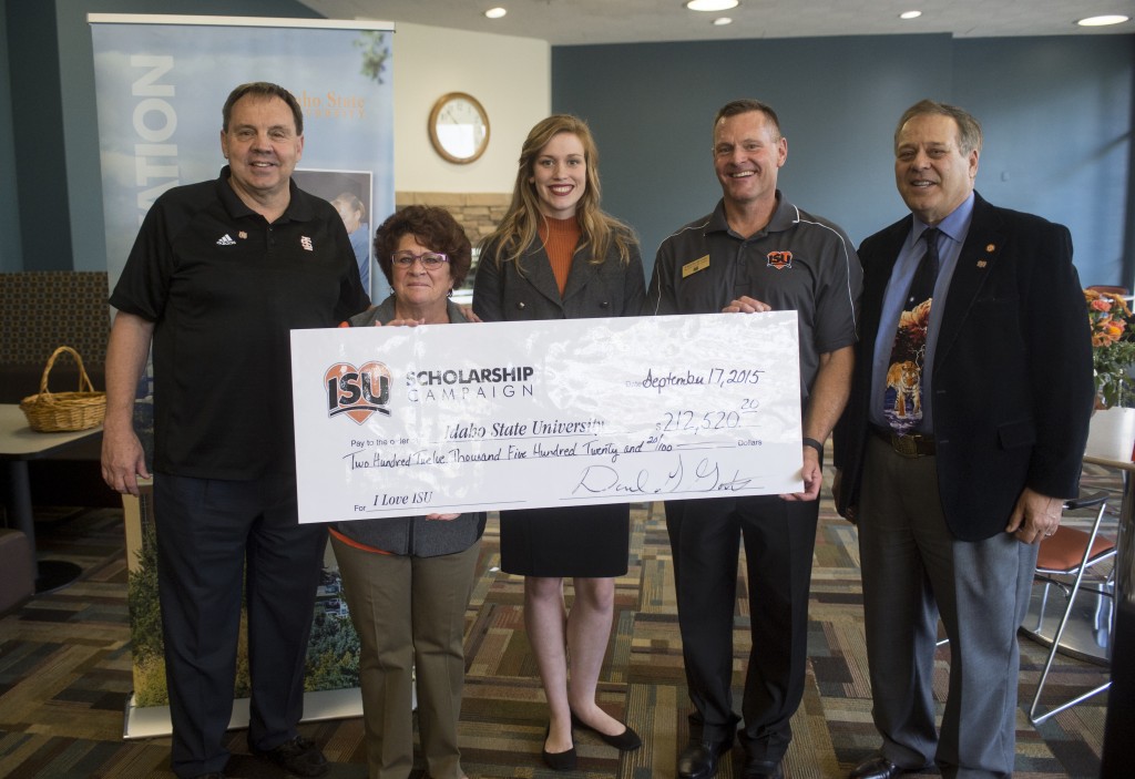 From left, ISU Vice President for Advancement Kent Tingey, I Love ISU Co-Chair Mary Vagner, Associated Students of ISU President Mackenzie Smith, I Love ISU Chair David Gates and ISU President Arthur Vailas at Thursday's celebration. The effort raised $212,520.