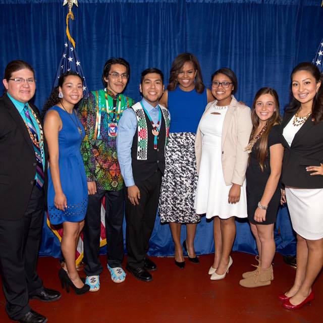  ISU student Layha Spoonhunter, third from left, with a group of United National Indian Tribal Youth members who this summer met with First Lady Michelle Obama, center. (Photo courtesy of Layha Spoonhunter) 