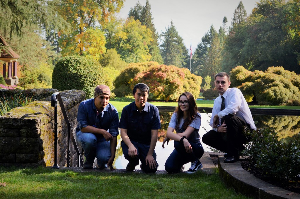 ISU Debate Team members, from left to right, Sophomore Michael Mares, of Pocatello, Junior Mike Chen, of Casper, Wyoming, Sophomore Cora Bidet, of Shelley, and Senior Nate Graves, of Arco, pose near a reflecting pool at Lewis and Clark College in Portland, Oregon, following The Steve Hunt Classic debate tournament last month.